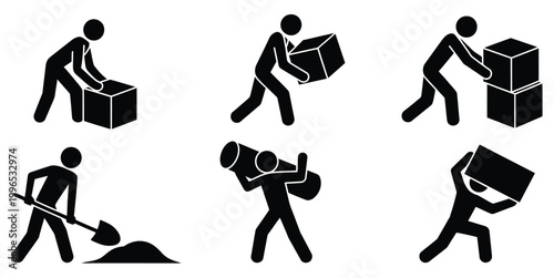 Stickman delivery and labor work icons, heavy lifting and courier activity silhouettes, worker carrying and pushing boxes illustration