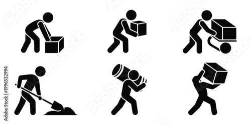 Stickman delivery and labor work icons, heavy lifting and courier activity silhouettes, worker carrying and pushing boxes illustration, clean pictogram collection suitable for shipping