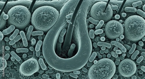 Microscopic view of a paramecium among bacteria, detailed scientific 3d render, educational illustration