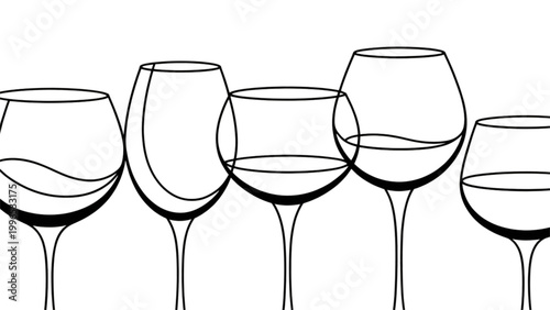Five empty wine glasses lined up on a table Vector