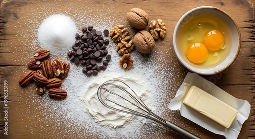 Rustic Flat Lay of Baking Ingredients for Chocolate Chip Nut Cookies