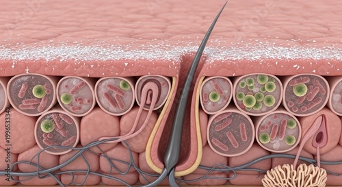 Close-up 3d render of human hair follicles and skin cells, detailed medical illustration of hair growth cycle
