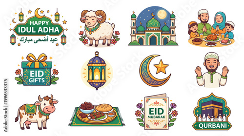 Eid Al Adha Islamic Icon Set Mosque Sheep Gift Food