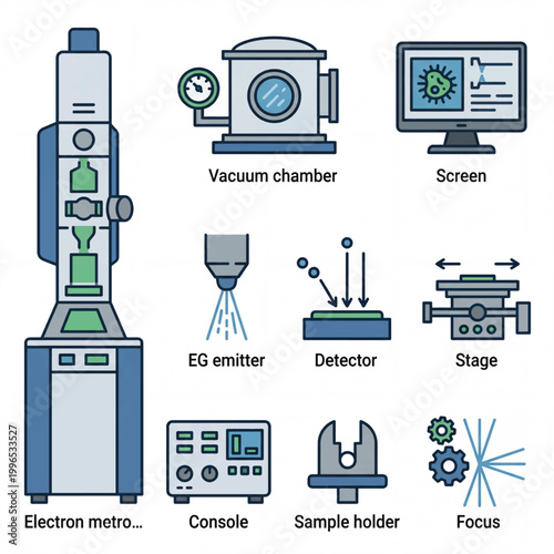 Electron microscope components and scientific equipment illustration.