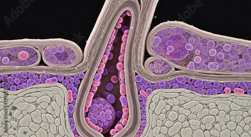Microscopic 3d render of human hair follicle with surrounding skin tissue, detailed medical illustration