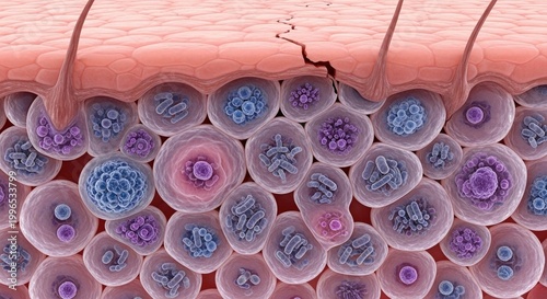 Close-up 3d render of various cells and bacteria under human skin, medical illustration, scientific visualization, healthcare concept