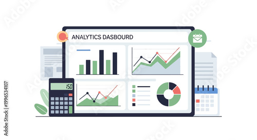 Digital data analytics dashboard on laptop with business intelligence, financial reports, and performance metrics. Vector illustration for strategic planning
