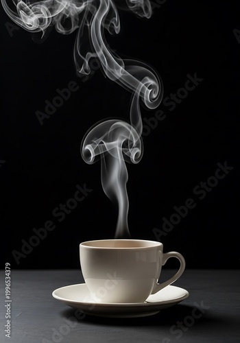 White Coffee Cup with Elegant Swirling Steam on a Dark Background