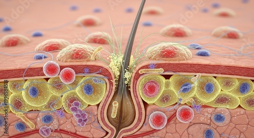 3d render of hair follicle structure with cells and blood vessels, detailed medical illustration for dermatology and biology