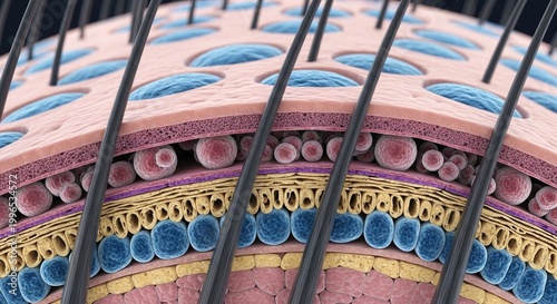 Microscopic view of human skin cells with hair follicles, detailed vector illustration, medical science