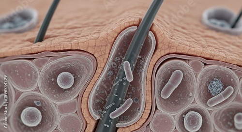 Close-up 3d render of hair follicles and scalp with magnified view of hair strands and skin cells