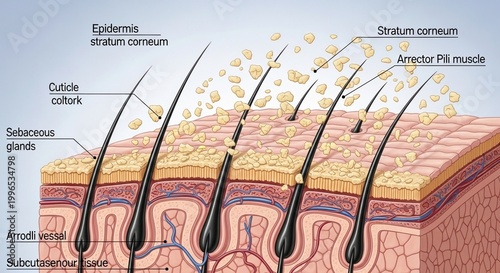 Detailed vector illustration of human hair follicles and skin layers, educational medical diagram