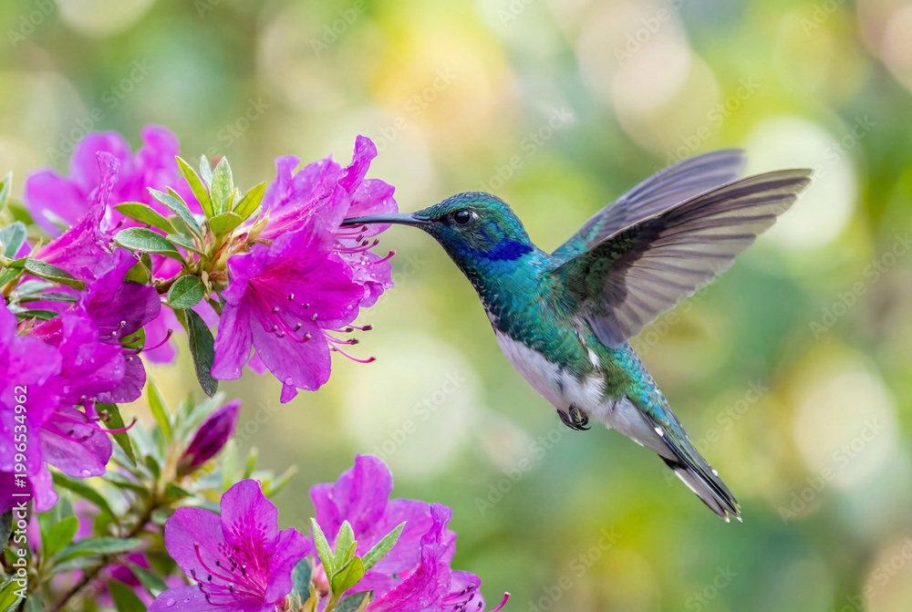 Fototapeta premium Vibrant green and blue hummingbird hovering gracefully while feeding on pink flowers