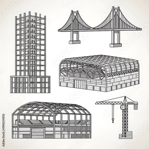 Illustration showcases outlines of urban structures high-rise, bridge, industrial complex, and construction
