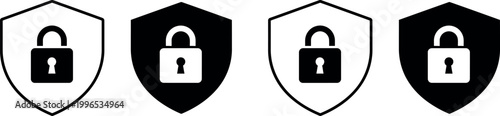 Four security shield icons with padlock symbols two black two white, closed lock