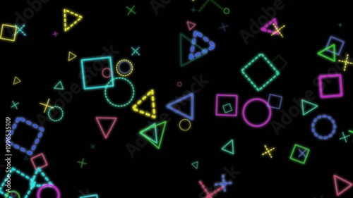 Neon shapes on black background.