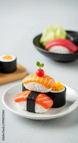 Realistic miniature sushi set with salmon nigiri and maki on white plate