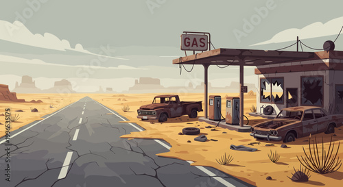 Abandoned gas station with vintage cars in a desolate desert landscape