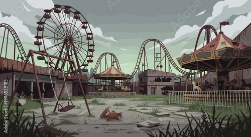 Abandoned Amusement Park with Ferris Wheel and Roller Coasters