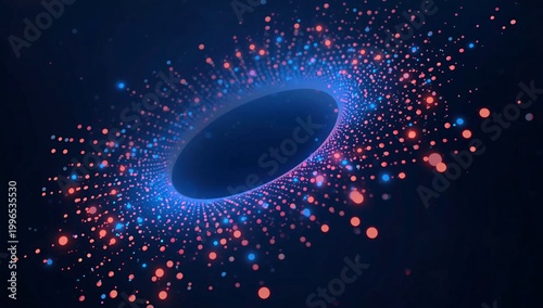 Abstract glowing particle ring, floating in dark space, blue and red bokeh lights, digital data visualization