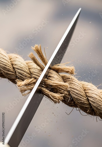 Sharp Knife Blade Cutting Through Thick Manila Rope Close Up