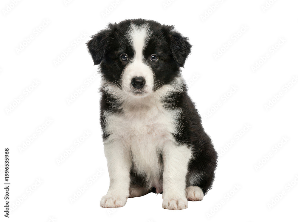Fototapeta premium Adorable fluffy black and white Border Collie puppy sitting and looking forward isolated transparent background image