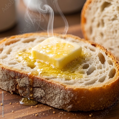 Slice of warm sourdough bread with melting butter and rising steam