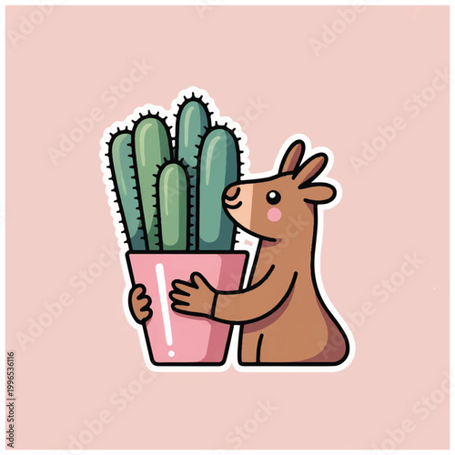 Cute cartoon llama holding a potted cactus plant.