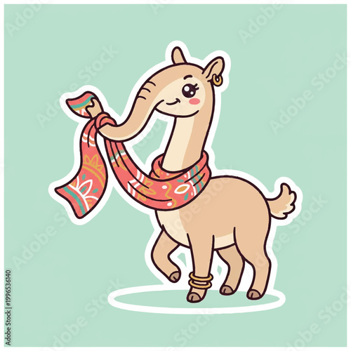 Cute cartoon llama wearing a scarf and jewelry.