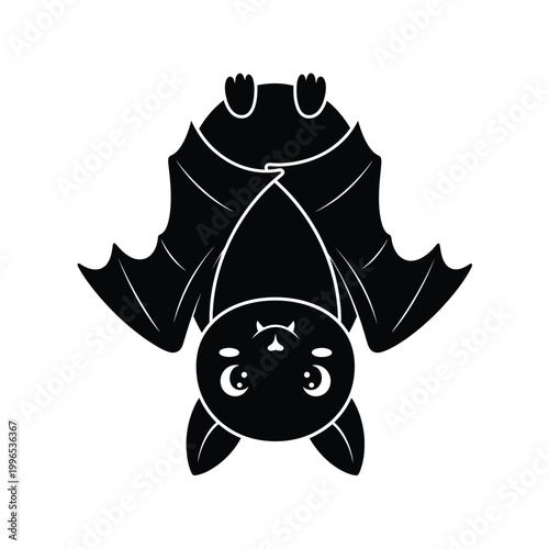 Adorable black bat icon hanging upside down illustration for halloween.