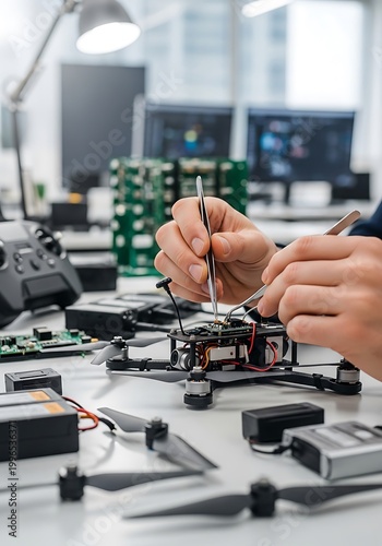 Technician Repairing Micro Drone with Tweezers in Laboratory