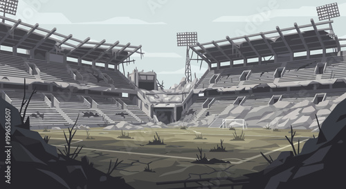 Abandoned and decaying football stadium with overgrown field.