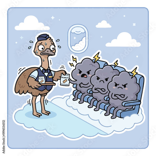 Ostrich flight attendant serving angry storm clouds on airplane.