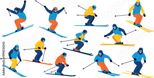 "Vector Set of Skiers in Action on Slopes, Skiing Poses and Movements"