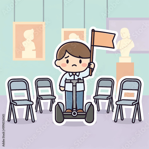 Sad tour guide on segway holding orange flag in museum.