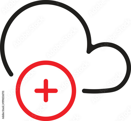 Minimalist cloud upload icon vector, black line cloud with red plus symbol, simple cloud computing and data storage sign for web interface design
