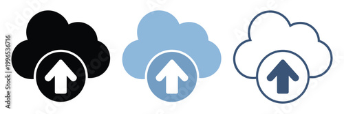 Upload icon set multiple style, modern UI icon pack showing upload arrows, file transfer, and cloud upload concepts