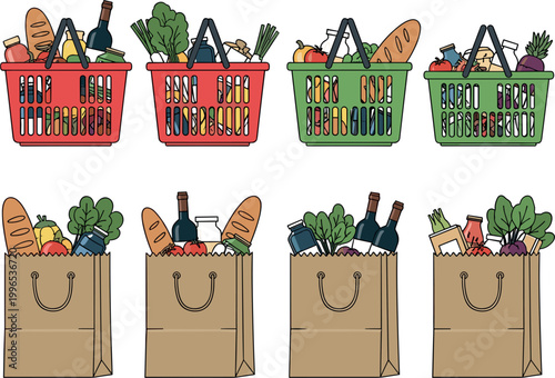 "Vector Illustration of Grocery Baskets and Paper Bags Filled with Fresh Food Items"