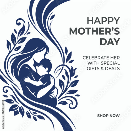 A mother and child illustration for Mother's Day with a blue and white design