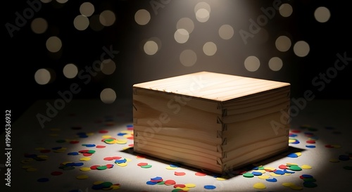 Wooden Box in Spotlight with Colorful Confetti and Bokeh Background