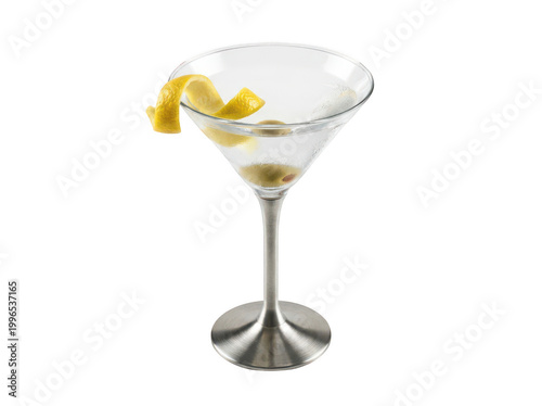 Tableau sur toile Chilled vesper martini cocktail with lemon twist and olives in a metal stem glas
