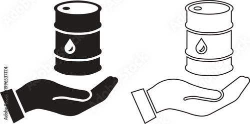 Oil barrel in hand vector icons, industrial fuel drum and palm symbol, black and white petroleum industry graphics for energy business concepts