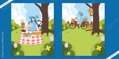 Flat Vector Illustration of a young woman wearing a beautiful floral spring dress, sitting relaxed on a picnic blanket under a blooming cherry blossom tree.