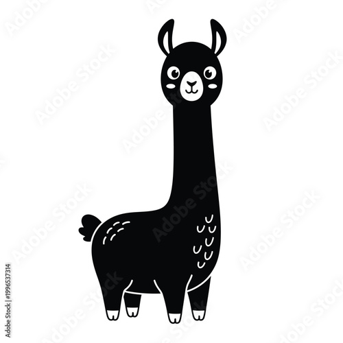Cute black and white cartoon llama standing in a simple pose