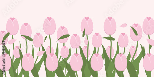 Vector background of bright red tulips in full bloom, with spring petals. Great for seasonal sales, Mother's Day greetings, or Spring Celebration florist advertisements. Print media such as curtains