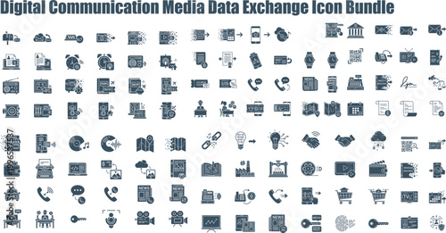 Comprehensive digital communication, media, and data exchange icon set for modern technology applications and user interface design