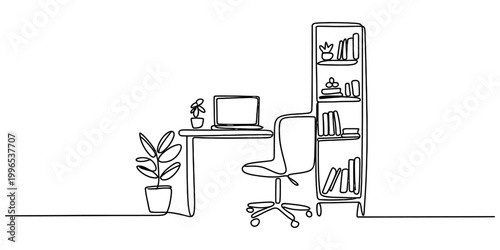 Continuous single line drawing of a modern home office workspace with a desk chair laptop and bookshelf Vector, illustration