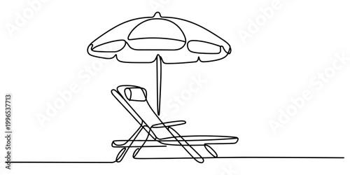 Continuous single line drawing of a beach chair and umbrella for summer vacation holidays and relaxing lifestyle concept Vector, illustration