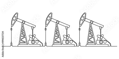 Three oil pump jacks working in a row simple line drawing illustration Vector, illustration