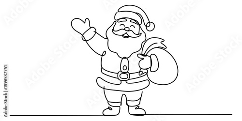 Continuous single line drawing of santa claus waving hello and holding a gift sack for christmas holiday celebration Vector, illustration